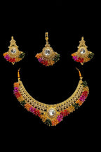 Zeneefa Traditional Gold-Tone Multicolor Bridal Necklace Set | Wedding Jewelry for Women