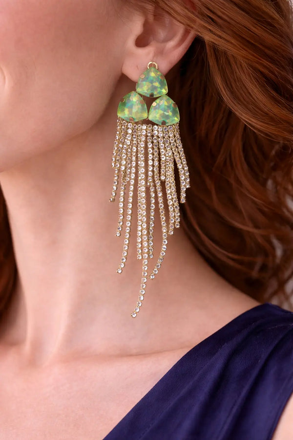 Zeneefa Luxury Green Crystal Tassel Earrings for Women | Statement Party Jewelry