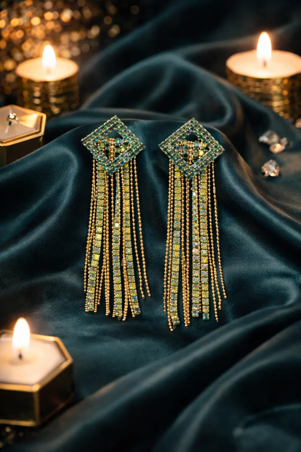 Zeneefa Luxury Green Crystal Tassel Earrings for Women | Statement Party Jewelry