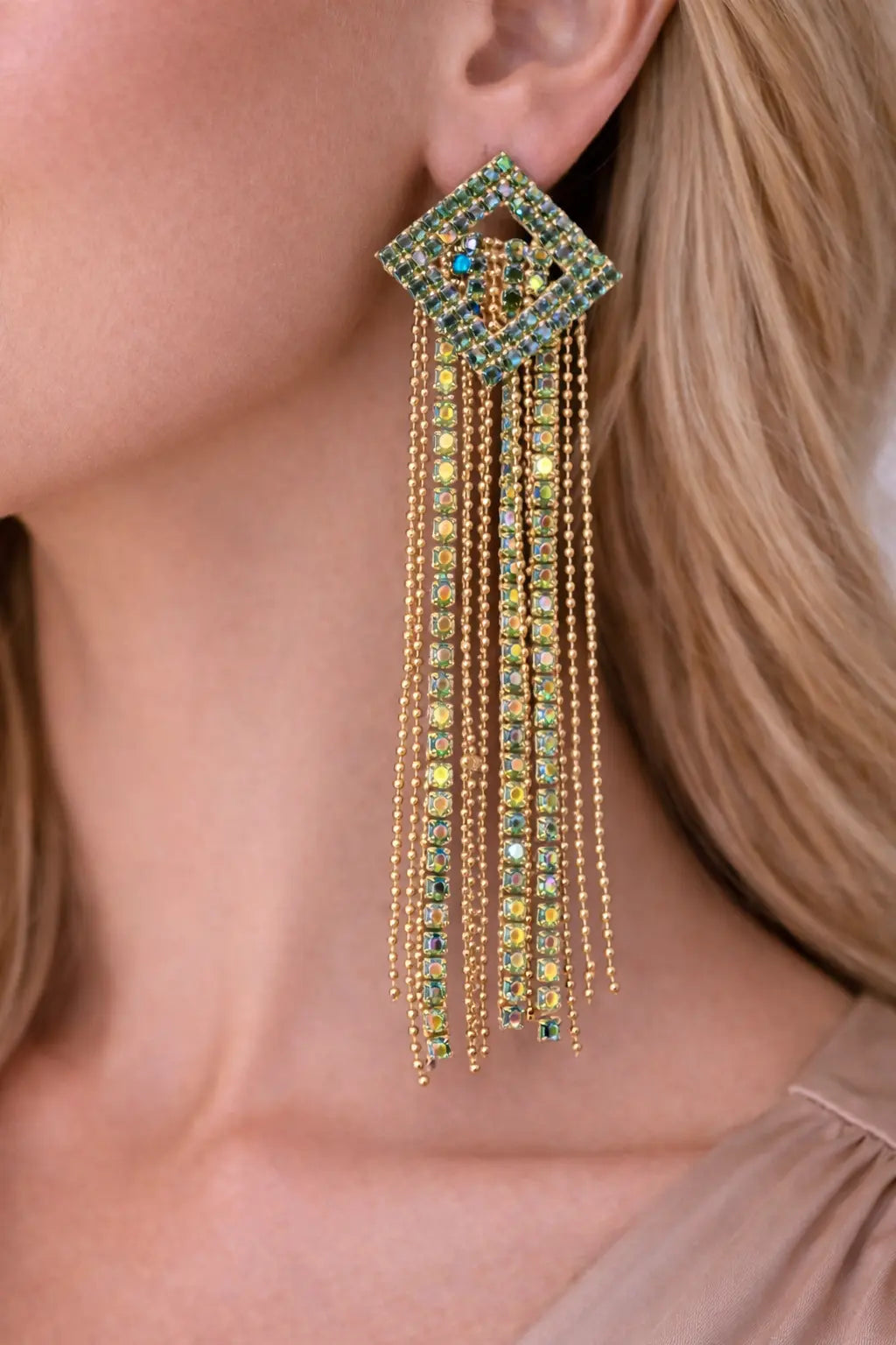 Zeneefa Luxury Green Crystal Tassel Earrings for Women | Statement Party Jewelry