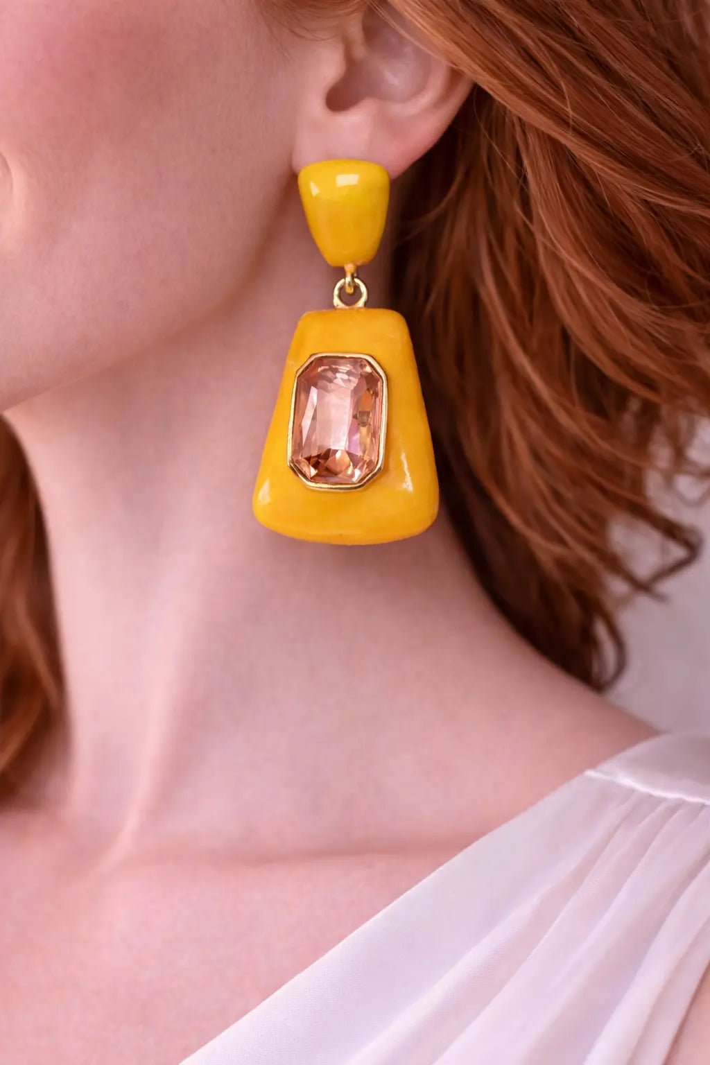 Zeneefa Mustard Yellow Statement Drop Earrings with Crystal Stone – Elegant Fashion Jewelry for Women