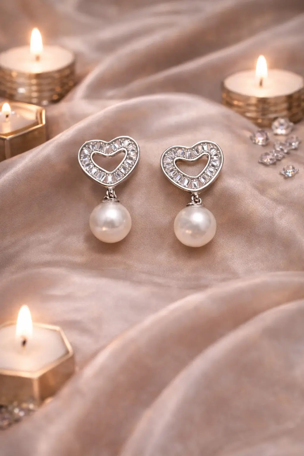 Zeneefa Heart Pearl Drop Earrings – Elegant Silver-Tone Jewelry for Women