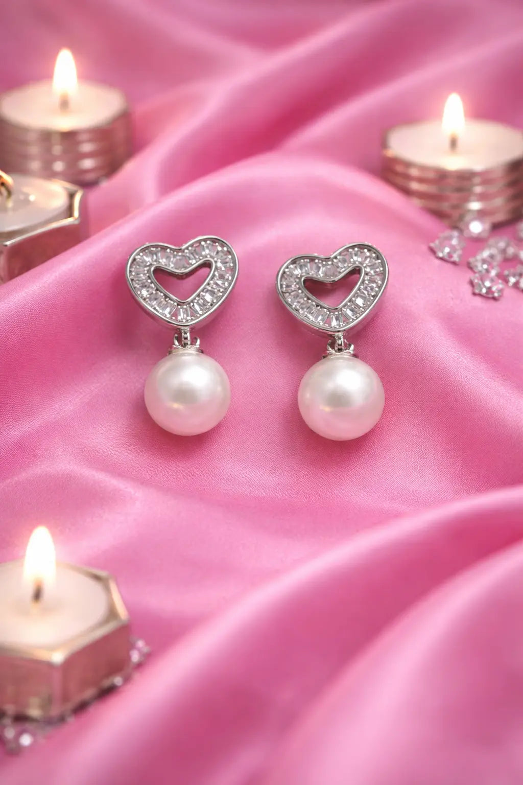 Zeneefa Heart Pearl Drop Earrings – Elegant Silver-Tone Jewelry for Women