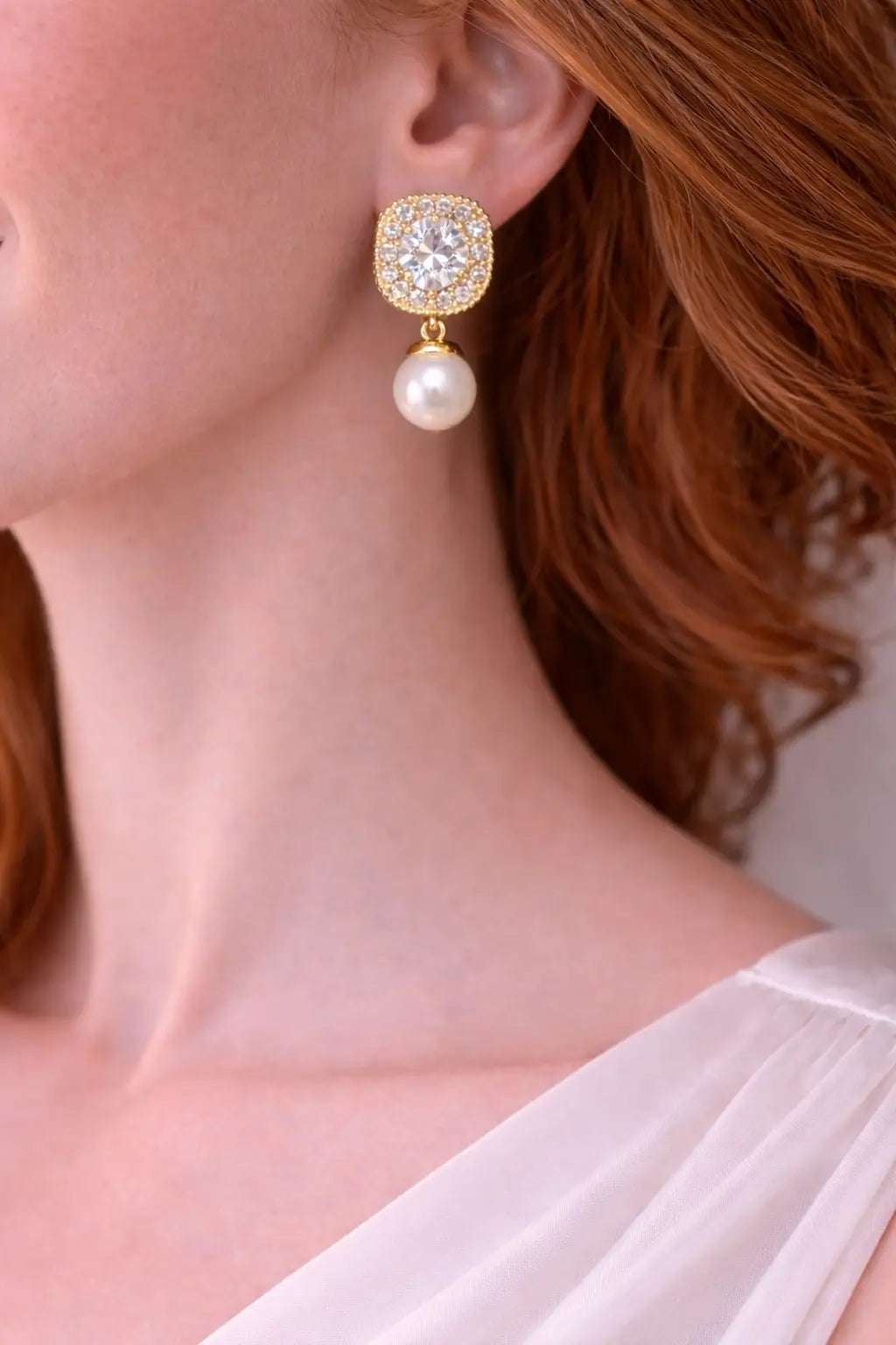 Zeneefa Luxury Pearl Drop Earrings with Crystal Stud – Elegant Gold-Tone Jewelry for Women