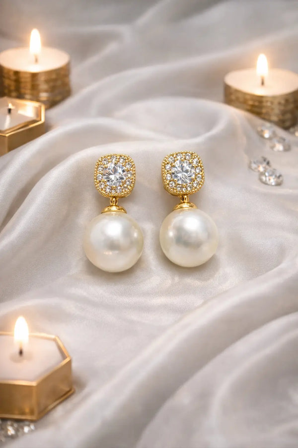 Zeneefa Luxury Pearl Drop Earrings with Crystal Stud – Elegant Gold-Tone Jewelry for Women