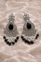 Zeneefa Luxury Black Crystal & Pearl Chandelier Earrings – Elegant Bridal & Party Wear Jewelry