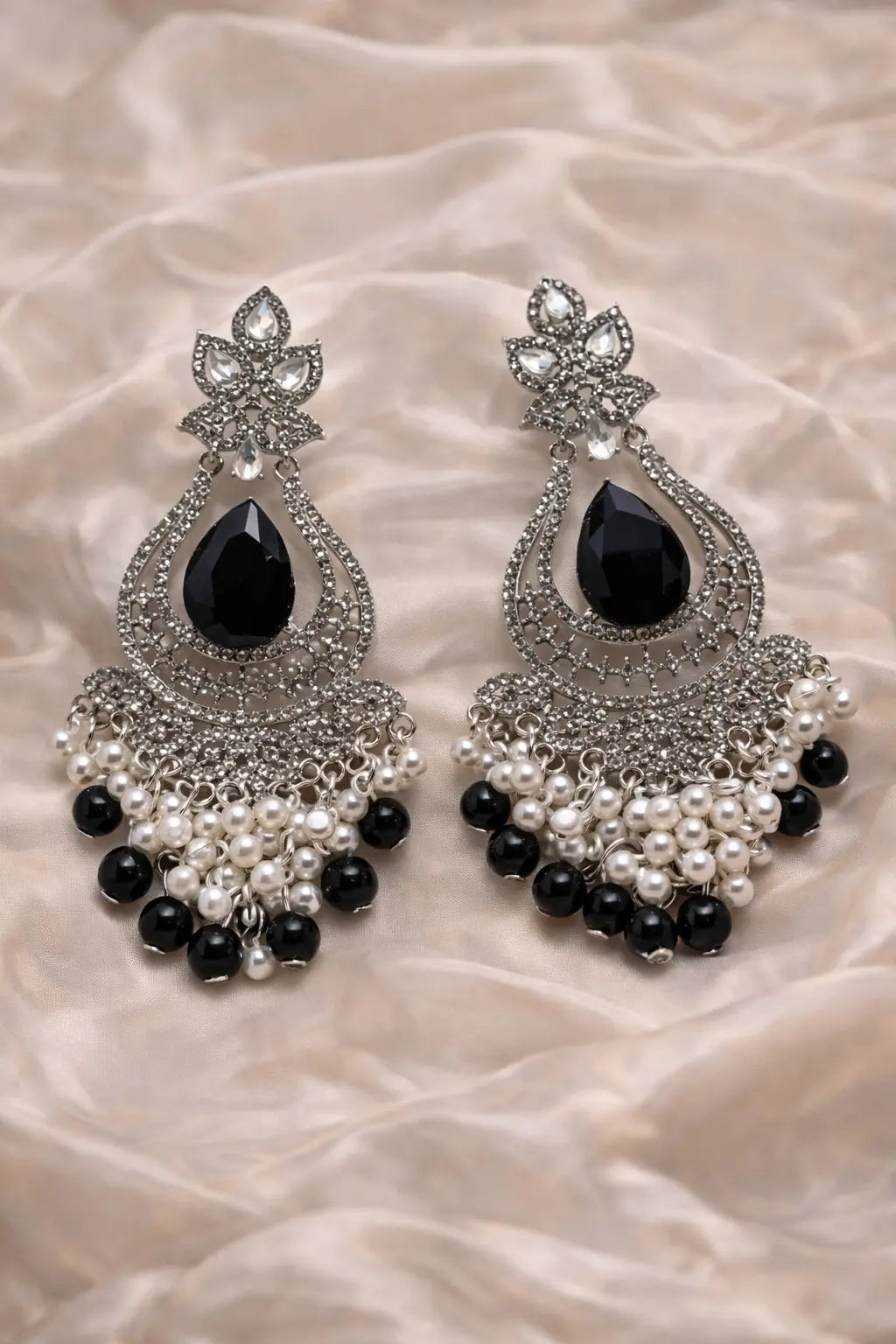 Zeneefa Luxury Black Crystal & Pearl Chandelier Earrings – Elegant Bridal & Party Wear Jewelry