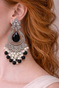 Zeneefa Luxury Black Crystal & Pearl Chandelier Earrings – Elegant Bridal & Party Wear Jewelry