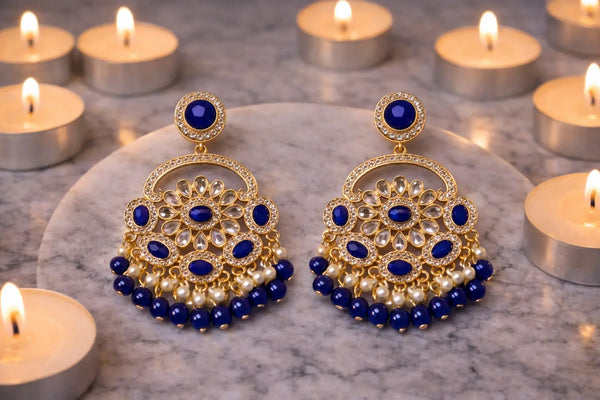 Zeneefa Royal Blue Kundan Chandbali Earrings with Pearls – Traditional Bridal Elegance