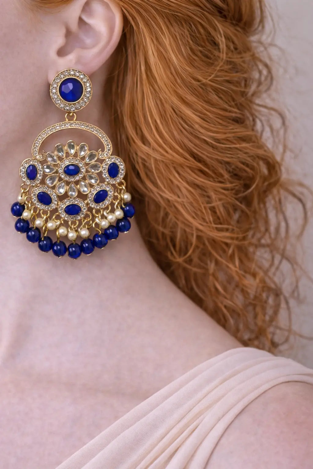 Zeneefa Royal Blue Kundan Chandbali Earrings with Pearls – Traditional Bridal Elegance