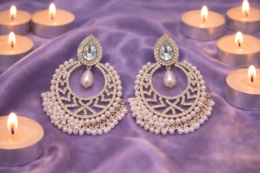 Zeneefa Pearl & Crystal Chandbali Earrings – Luxury Bridal & Party Wear Jewelry