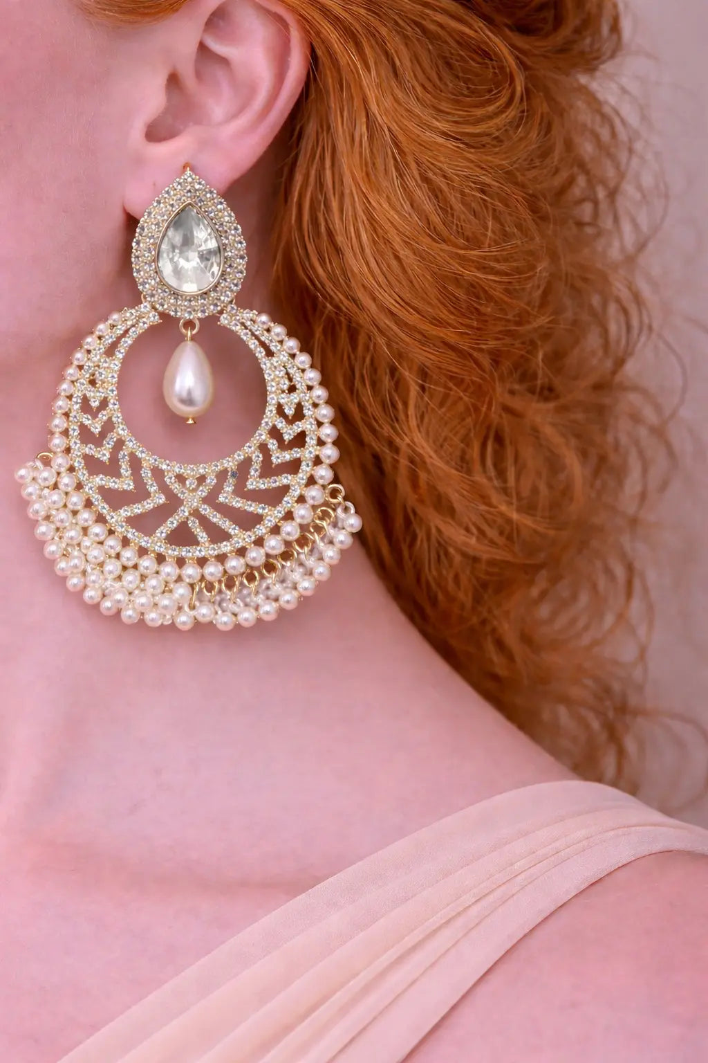 Zeneefa Pearl & Crystal Chandbali Earrings – Luxury Bridal & Party Wear Jewelry