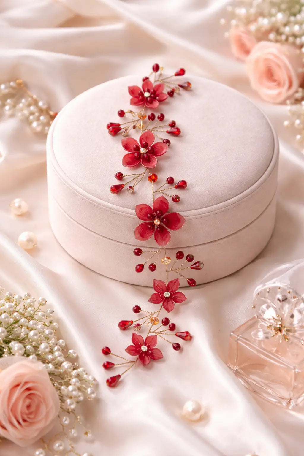 Zeneefa Elegant Red Floral Bridal Hair Vine – Crystal & Pearl Wedding Hair Accessory