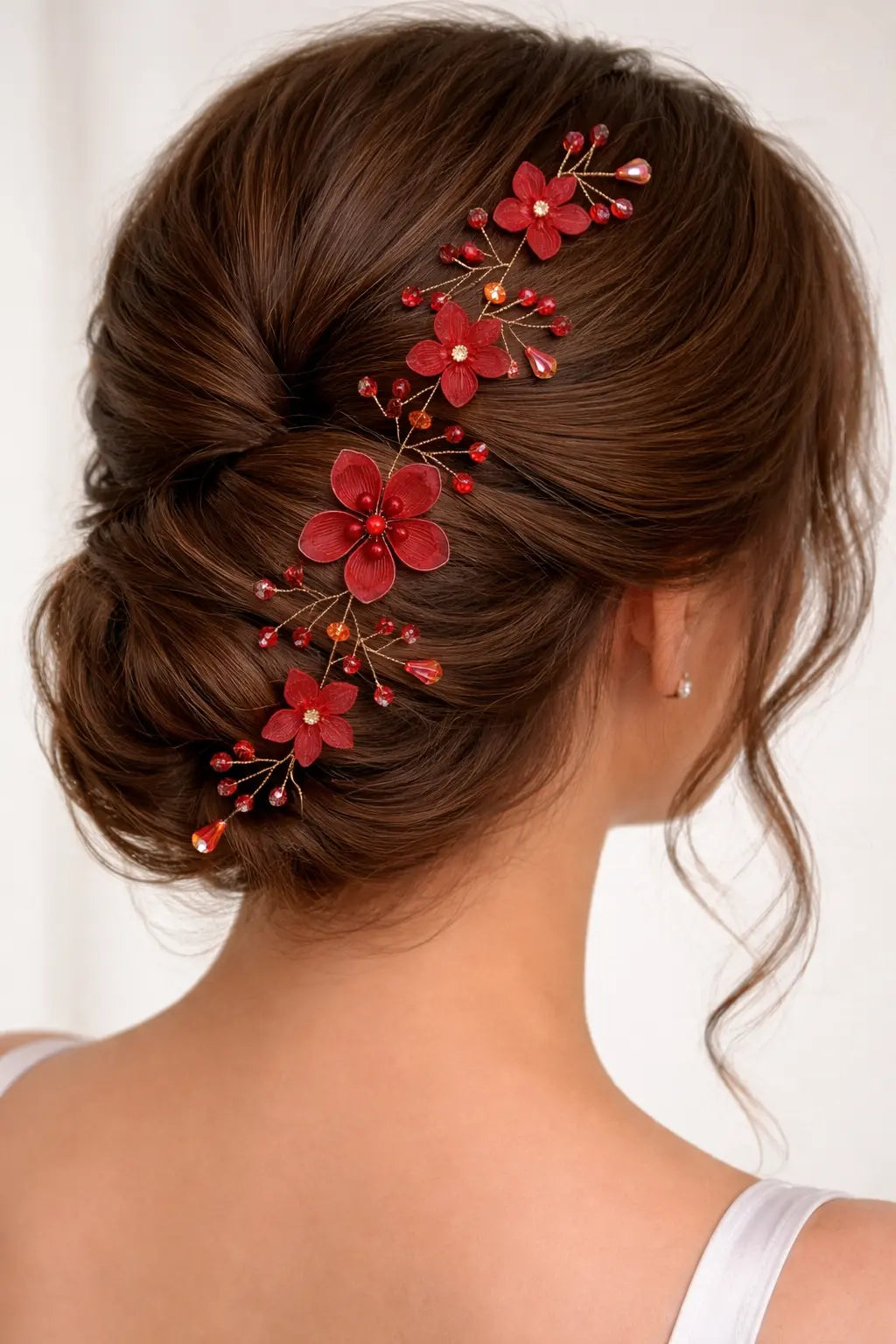 Zeneefa Elegant Red Floral Bridal Hair Vine – Crystal & Pearl Wedding Hair Accessory