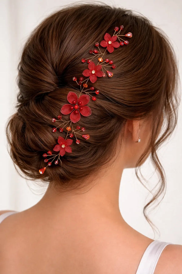 Zeneefa Elegant Red Floral Bridal Hair Vine – Crystal & Pearl Wedding Hair Accessory