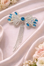 Zeneefa Royal Blue Crystal Bow Hair Clip – Elegant Rhinestone Bridal Hair Accessory