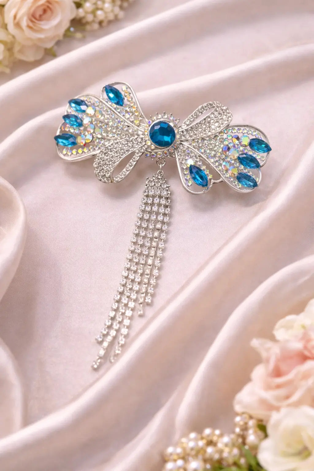 Zeneefa Royal Blue Crystal Bow Hair Clip – Elegant Rhinestone Bridal Hair Accessory