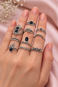 Zeneefa Vintage Black Stone Ring Set – Antique Silver Adjustable Finger Rings for Women