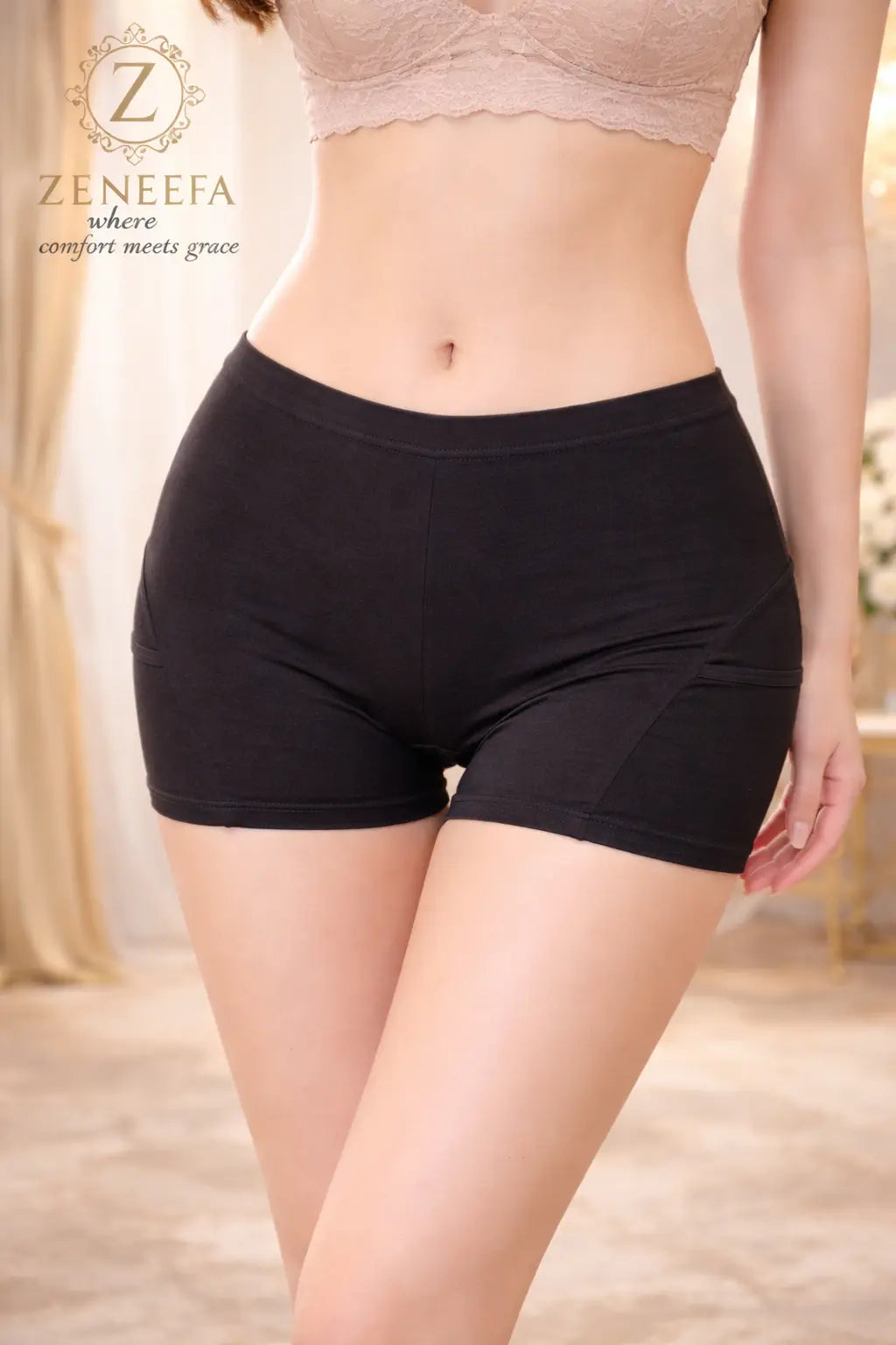 Zeneefa Premium Cotton Women’s Boxer Shorts – Soft Breathable Mid-Waist Comfortable Inner-wear (Skin, Black)