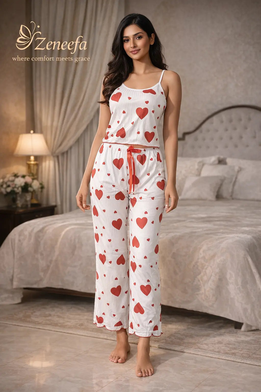 Zeneefa White Heart Print Cotton PJ Set – Soft Breathable Women’s Nightwear Lounge Set (Free Size)