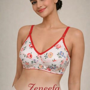 Zeneefa Floral Cotton Bra with Red Trim – White | Comfortable Everyday Wear (B Cup)