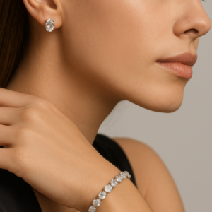 Zeneefa Premium Silver Crystal Solitaire Bracelet & Earrings Set