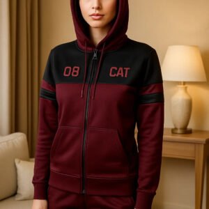 Women’s Maroon & Black Zip-Up-Removable Cap Tracksuit Set – Two-Piece Co-ord | Zeneefa