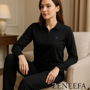 Women’s Zip-Collar Co-ord Set – Black, henna Green & Brown Two-Piece Outfit | Zeneefa