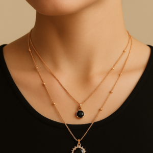 Zeneefa Black Onyx Double-Layer Pendant Necklace