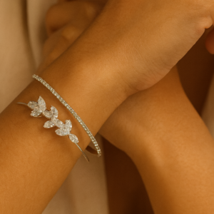 Zeneefa Dual Bracelet Set – Premium Emerald Tile & Silver Leaf Crystal Women’s Luxury Jewelry