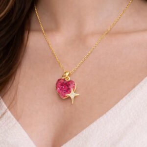 Zeneefa Crystal Heart Pendant Necklace with Star Charm for Women | Elegant Gold Jewelry