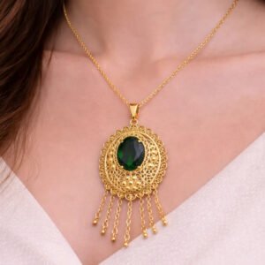 Zeneefa Emerald Green Crystal Filigree Pendant Necklace for Women | Gold-Tone Jewelry