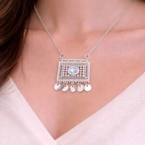 Zeneefa Silver Filigree Square Pendant Necklace for Women | Elegant Statement Jewelry