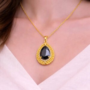 Zeneefa Black Crystal Teardrop Pendant Necklace for Women | Elegant Gold-Tone Jewelry