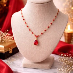 Zeneefa Ruby Red Teardrop Crystal Necklace Set for Women | Elegant Gold-Tone Jewelry
