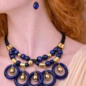Zeneefa Blue Ring Statement Necklace Set for Women | Bold Gold-Tone Fashion Jewelry