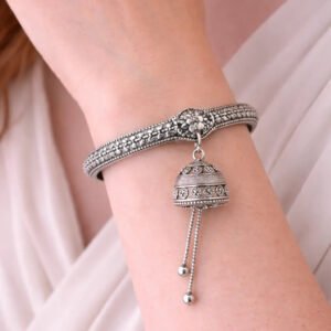Zeneefa Oxidized Silver Jhumka Charm Bracelet for Women | Traditional Hand Jewelry