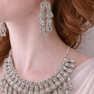 Zeneefa Luxury Silver Bridal Necklace Set with Statement Earrings | Wedding Jewelry for Women