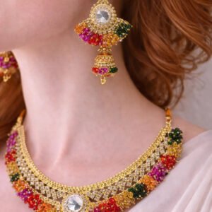 Zeneefa Traditional Gold-Tone Multicolor Bridal Necklace Set | Wedding Jewelry for Women