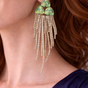 Zeneefa Luxury Green Crystal Tassel Earrings for Women | Statement Party Jewelry