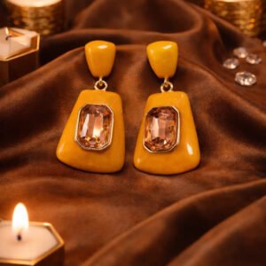 Zeneefa Mustard Yellow Statement Drop Earrings with Crystal Stone – Elegant Fashion Jewelry for Women