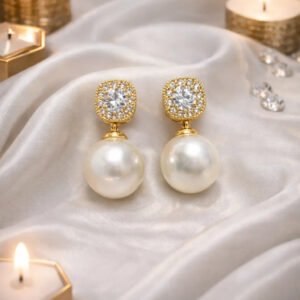 Zeneefa Luxury Pearl Drop Earrings with Crystal Stud – Elegant Gold-Tone Jewelry for Women