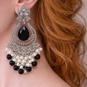 Zeneefa Luxury Black Crystal & Pearl Chandelier Earrings – Elegant Bridal & Party Wear Jewelry
