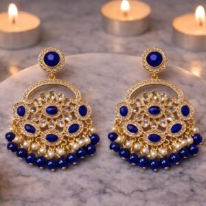Zeneefa Royal Blue Kundan Chandbali Earrings with Pearls – Traditional Bridal Elegance
