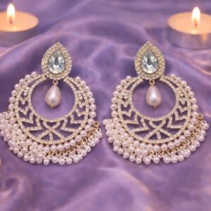 Zeneefa Pearl & Crystal Chandbali Earrings – Luxury Bridal & Party Wear Jewelry