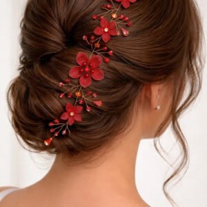 Zeneefa Elegant Red Floral Bridal Hair Vine – Crystal & Pearl Wedding Hair Accessory