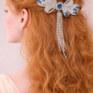 Zeneefa Royal Blue Crystal Bow Hair Clip – Elegant Rhinestone Bridal Hair Accessory