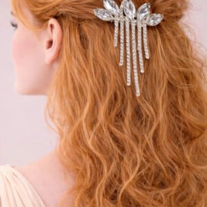 Zeneefa Crystal Leaf Tassel Hair Clip – Elegant Rhinestone Bridal Hair Accessory